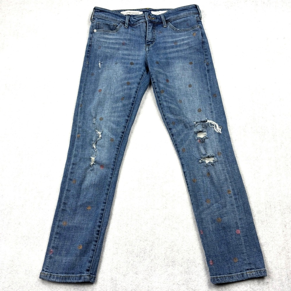 Pilcro Anthropologie Jeans Womens 26 Blue Polka Dot Distressed Stretch Slim